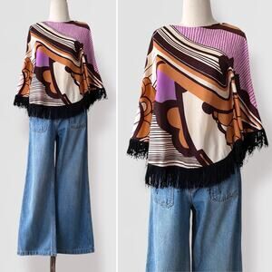 Vintage 70s Capelet Poncho Top Fringe Hippie Psychedelic Disco Retro Draped O/S